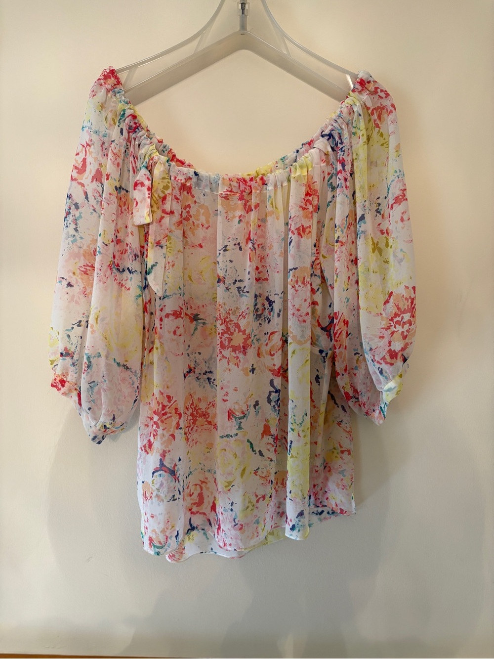 CAbi #826 Watercolor In Case Blouse Floral Top Shirt Semi Sheer Flowy Bow Sz M